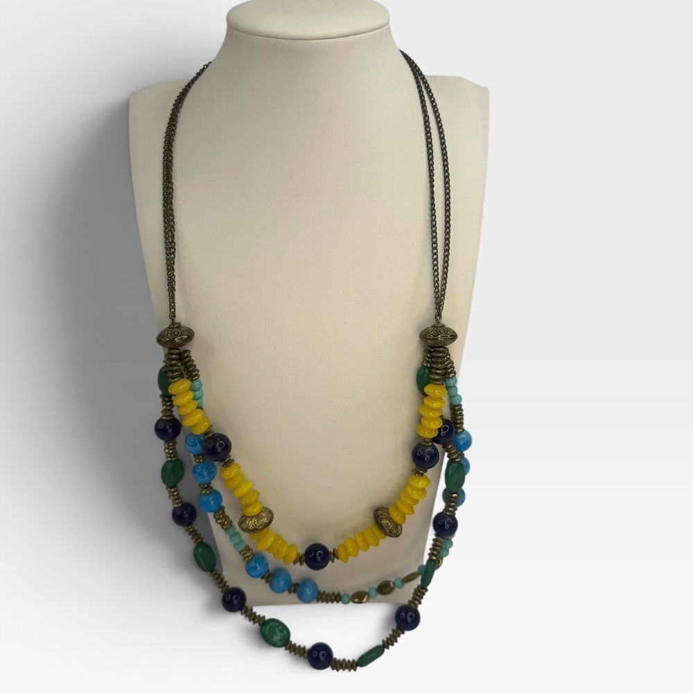 Bohemian Multi-Strand Beaded Layered Necklace Yellow Blue Green Bronze Tone